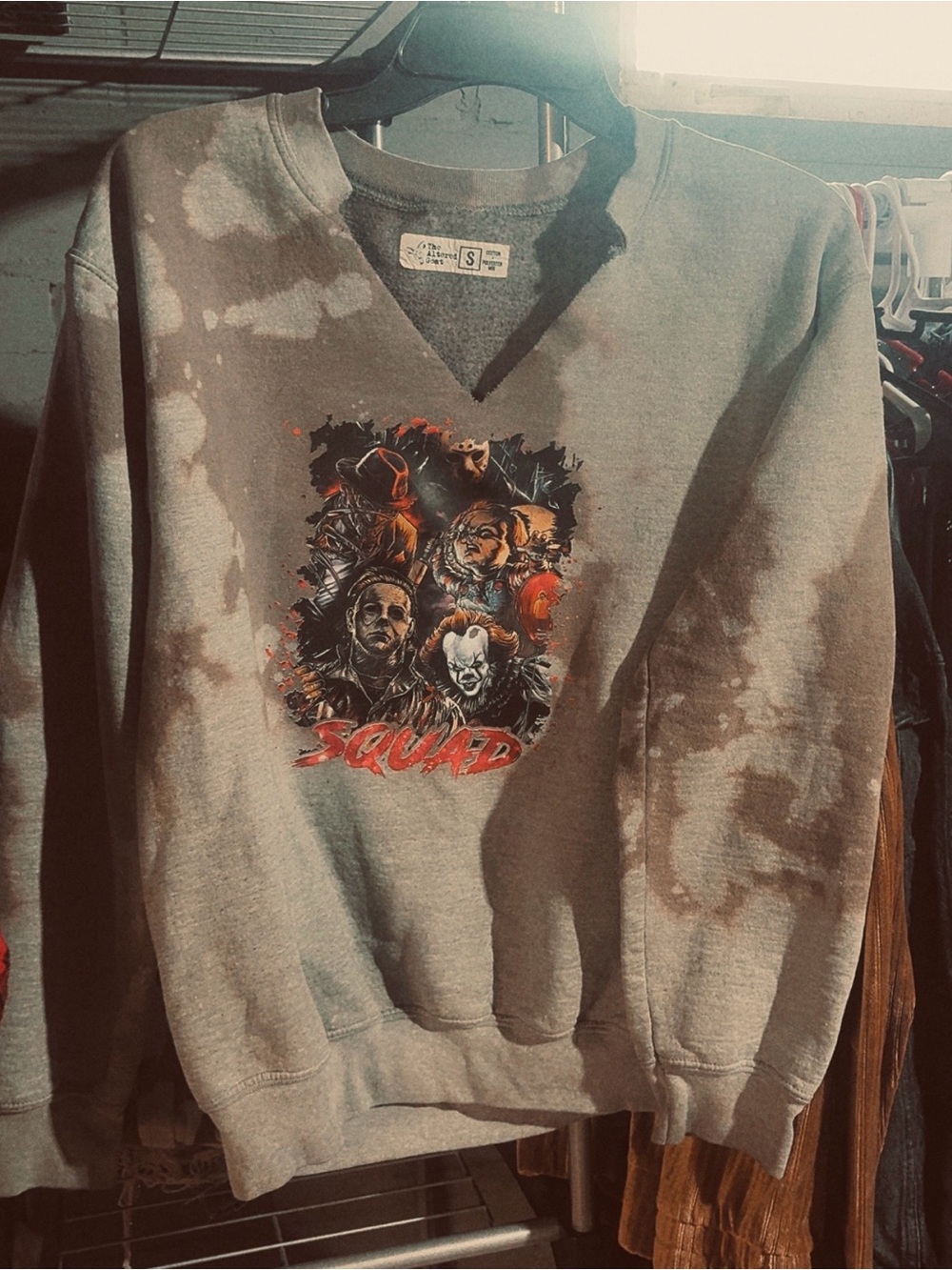 Graphic V-Neck Sweatshirt - Grey 'Squad' Horror Print